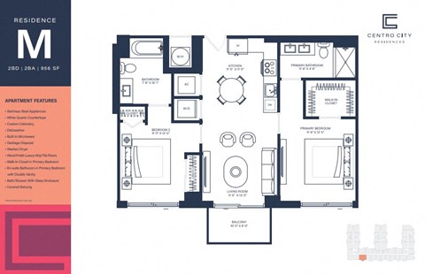 Floor plan for 2 beds, 2 baths, 956 sqft